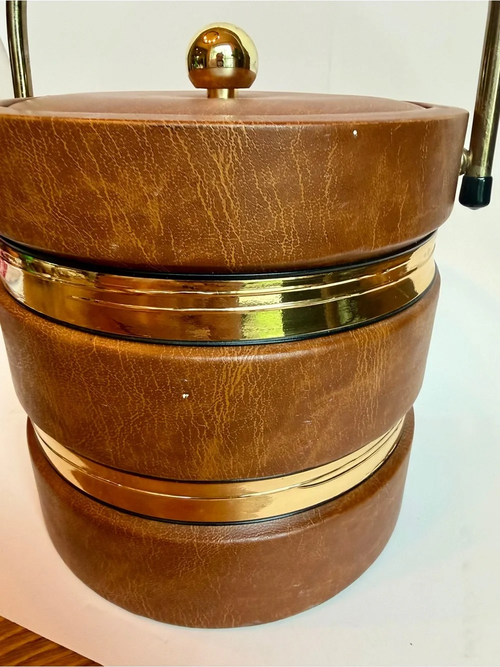 Vintage Faux Leather Ice Bucket Gold Tone Handle Mid Century Barware Brown
